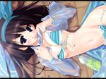  areolae bikini black_hair blue_eyes blush bottle breasts cleavage front-tie_top hair_ribbon hairband long_hair lying open_clothes open_shirt original ribbon shirt side-tie_bikini small_breasts solo striped striped_bikini swimsuit untied urotan wallpaper wet wet_clothes 