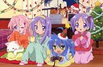  5girls alternate_hairstyle cat cathead christmas game_console glasses highres hiiragi_kagami hiiragi_tsukasa izumi_konata kogami_akira lucky_star mole mole_under_eye multiple_girls nyamou pajamas playing_games playstation_2 purple_hair santa_costume shiraishi_minoru takara_miyuki takemoto_yasuhiro video_game yawning 