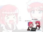  &gt;_&lt; 2girls artist_request closed_eyes hisui jitome kohaku multiple_girls red_hair short_hair shouting simple_background sitting table talking tsukihime upper_body white_background wince zoom_layer 