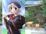  beret hat red_eyes school_uniform shawl solo tsukishiro_hikari wallpaper white_hair wind_a_breath_of_heart yuuki_tatsuya 