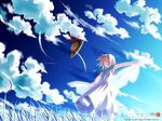  2002 backlighting bare_arms blue_sky closed_eyes closed_mouth cloud copyright_name dress from_below grass hat hat_loss hat_removed hat_ribbon headwear_removed outdoors outstretched_arms ribbon shawl sky smile solo spread_arms standing straw_hat tsukishiro_hikari wallpaper white_dress wind wind_a_breath_of_heart yuuki_tatsuya 