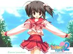  black_hair blush bow brown_eyes character_name cloud copyright_name day dress hair_bow long_sleeves mitsumi_misato official_art open_mouth outstretched_arms rainbow_text red_dress school_uniform shirt sky smile solo spread_arms to_heart_2 tree wallpaper white_shirt yuzuhara_konomi 