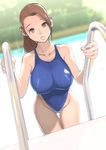  :o breasts brown_eyes brown_hair competition_swimsuit covered_nipples dytm highleg highleg_swimsuit highres huge_breasts long_hair looking_at_viewer one-piece_swimsuit original parted_lips ponytail pool_ladder pool_monitor_part-timer_(dytm) shiny shiny_clothes solo swimsuit thigh_gap 