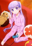  absurdres barefoot blush controller couch dualshock flower game_controller gamepad hair_flower hair_ornament head_tilt highres long_hair looking_at_viewer new_game! nyantype official_art pajamas plaid_pajamas purple_eyes purple_hair scan sitting smile solo suzukaze_aoba twintails v 
