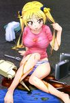  absurdres bakuon!! drum_(container) highres motor_oil official_art panties solo striped striped_panties suzunoki_rin towel tsurime underwear wrench 