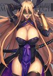  blindfold blonde_hair breasts cleavage constance_de_richelieu highres katana large_breasts lipstick long_hair makeup md5_mismatch pixiv_fantasia pixiv_fantasia_t purple_lipstick ryuuzaki_ichi sheath sheathed solo sword thighhighs vambraces very_long_hair weapon 