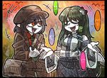  2girls alternate_costume bag bangs bird black_border black_hair blush_stickers border brown_jacket detached_sleeves eyebrows eyebrows_visible_through_hair flat_cap frog_hair_ornament green_eyes green_hair green_neckwear hair_between_eyes hair_ornament hair_tubes hat jacket kochiya_sanae line_shading long_hair long_sleeves multiple_girls necktie notebook one_eye_closed open_mouth orange_eyes pen pointy_ears shameimaru_aya short_hair shrug sidelocks smile snake_hair_ornament speech_bubble suenari_(peace) touhou very_long_hair white_skin wide_sleeves writing 