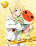  :3 ;) ;d blonde_hair blush card_(medium) character_doll character_name crown earrings heart idolmaster idolmaster_side-m jewelry kaerre male_focus official_art one_eye_closed open_mouth otoko_no_ko pierre_(idolmaster) smile solo stuffed_animal stuffed_frog stuffed_toy taiko_no_tatsujin wada_don 