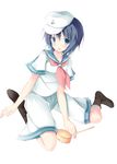  black_hair blue_eyes dress hasuga_sea hat highres hishaku ladle looking_at_viewer murasa_minamitsu neckerchief sailor_dress sailor_hat shorts sitting smile solo touhou wariza 