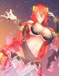  bangle blush bracelet breasts bridal_gauntlets cleavage cowboy_shot elbow_gloves fang_out fangs gloves hair_ornament hair_tubes hairclip half-closed_eyes highres jewelry lamia lamine large_breasts long_hair miia's_mother monster_girl monster_musume_no_iru_nichijou petals pointy_ears red_hair scales see-through sidelocks slit_pupils smile solo very_long_hair yellow_eyes 