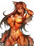  abs animal_ears blush breasts brown_eyes brown_hair covered_navel covered_nipples dark_skin fumio_(rsqkr) kill_everything laily large_breasts long_hair monster_girl muscle muscular_female pout simple_background solo tail thick_thighs thighs werewolf white_background wolf_ears wolf_tail 