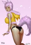  animal_ears ariverkao ass black_panties breasts brown_eyes cowboy_shot crop_top dated fox_ears fox_tail hat hat_with_ears hood hood_down hoodie large_breasts lavender_hair no_pants original panties shirt short_hair signature sleeveless sleeveless_shirt solo tail thighs underwear wrist_cuffs 