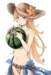  am bad_id bad_pixiv_id belt bikini bomb breasts brown_eyes collarbone flower food fruit granblue_fantasy hat hat_flower holding holding_food holding_fruit long_hair looking_at_viewer mary_(granblue_fantasy) midriff navel off_shoulder orange_hair parted_lips sarong small_breasts solo straw_hat striped striped_bikini swimsuit watermelon 