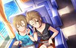  ;) artist_request bangs blush bracelet brown_hair choker closed_eyes collarbone curtains green_eyes ground_vehicle headphones idolmaster idolmaster_cinderella_girls idolmaster_cinderella_girls_starlight_stage jewelry kimura_natsuki listening_to_music looking_at_viewer multiple_girls official_art one_eye_closed seatbelt shared_headphones short_hair shorts sitting smile tada_riina train_interior vehicle_interior 