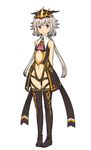  arms_behind_back artist_request black_footwear black_legwear boots character_request full_body langrisser langrisser_re:incarnation long_hair navel parted_lips silver_hair simple_background sleeveless solo thigh_boots thighhighs white_background 