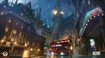  absurdres analog_clock building bus clock clock_tower cloud company_name dated double-decker_bus english ground_vehicle highres king's_row_(overwatch) motor_vehicle night official_art outdoors overwatch peter_lee road scenery science_fiction stairs statue street tower tree watermark 
