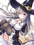  book breasts cover cover_page feathers garter_straps hat jewelry large_breasts long_hair luna_(nightmare_night_party!) magic necklace nightmare_night_party! novel_cover official_art quill riichu sitting solo thighhighs witch_hat 