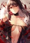  1girl bangs bare_shoulders black_dress blurry blurry_background blurry_foreground breasts brown_hair buckle center_opening choker collarbone commentary consort_yu_(fate) depth_of_field dress earrings fate/grand_order fate_(series) floating_hair flower fur_trim glint highres holding holding_flower jacket jewelry large_breasts leather_choker light_particles long_hair looking_at_viewer motokonut navel parted_lips petals poppy_(flower) red_eyes red_flower revealing_clothes sidelocks solo sparkle stomach strapless strapless_dress tsurime upper_body very_long_hair wide_sleeves wind 