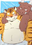  2015 anthro belly blush bovine cattle clothing duo feline hug humanoid_hands kota&acute; male mammal moobs navel one_eye_closed overweight overweight_male pantherine shorts tiger wink 