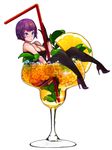  bad_id bad_pixiv_id black_gloves black_legwear blue_eyes blush breasts chestnut_mouth cleavage cup drink drinking_glass drinking_straw food fruit gloves happening18 high_heels highres ice in_container in_cup large_breasts looking_at_viewer mint orange orange_slice original oversized_object purple_hair short_hair simple_background solo white_background 