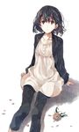  arm_support black_hair cardigan collarbone dress eyebrows eyebrows_visible_through_hair flower highres looking_at_viewer looking_up messy_hair original pants parted_lips red_eyes short_hair sitting solo tile_floor tiles tsukugu white_background 