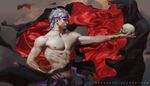  abs blurry depth_of_field dio_brando gold hand_on_hip headband holding jojo_no_kimyou_na_bouken krabat male_focus muscle outstretched_arm profile realistic red_eyes scar shirtless silver_hair skull solo stitches upper_body watermark web_address wrist_cuffs 