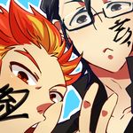  akai_suzaku black_hair blue_background close-up glasses handa_(sion621) idolmaster idolmaster_side-m kanji kurono_genbu looking_at_viewer male_focus multicolored_hair multiple_boys open_mouth outline red_eyes red_hair shinsoku_ikkon simple_background spiked_hair two-tone_hair v 