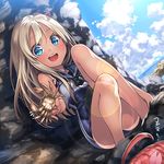  :d animal bangs black_neckwear blonde_hair blue_eyes crab dutch_angle flower hair_ornament holding holding_animal i-58_(kantai_collection) kantai_collection kyon_(fuuran) lens_flare multiple_girls neckerchief one-piece_swimsuit open_mouth pink_hair ro-500_(kantai_collection) rock sailor_collar smile swimsuit tan tanline zzz 