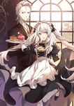  1girl :d alternate_costume apron aqua_eyes blue_eyes butler cake drill_hair fate/apocrypha fate/grand_order fate_(series) food french_flag highres jewelry jh karna_(fate) long_hair maid maid_apron marie_antoinette_(fate/grand_order) mini_flag open_mouth pantyhose pendant short_hair silver_hair skirt_hold smile standing standing_on_one_leg tray tuxedo_jacket twin_drills very_long_hair white_legwear window 
