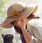 animal anna_lynn artist_name brown_hair cat eye_contact flower from_side hand_on_headwear hat highres long_hair looking_at_another looking_down looking_up original profile realistic sun_hat yellow_eyes 