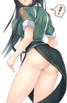  1girl ass black_hair breasts chikuma_(kantai_collection) head_out_of_frame kantai_collection large_breasts long_hair looking_back metindone pelvic_curtain remodel_(kantai_collection) solo spoken_exclamation_mark thighs white_background wind wind_lift 