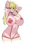  ashling_(no-plan) bad_id bad_twitter_id blonde_hair blush breasts highres huge_breasts impossible_clothes long_hair open_mouth red_eyes solo 