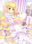  :t absurdres alc_(ex2_lv) bed blonde_hair blue_eyes blush bow cushion dress hair_bow heart heart_print highres knees_together_feet_apart long_hair looking_at_viewer object_hug on_bed original pantyhose pink_bow sailor_collar sailor_dress scan sitting solo striped striped_bow striped_legwear stuffed_animal stuffed_toy teddy_bear twintails vertical_stripes very_long_hair white_bow window 