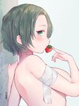  bandaged_arm bandages blush breasts dripping eyelashes food food_in_mouth from_side fruit green_eyes green_hair large_breasts looking_at_viewer mole mole_on_neck nude original profile short_hair sideboob solo strawberry upper_body ushinomiya water wet wet_hair 