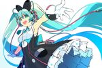  dress gloves green_eyes green_hair hatsune_miku headphones long_hair looking_at_viewer nasubi_(w.c.s) necktie open_mouth outstretched_arm solo twintails very_long_hair vocaloid 