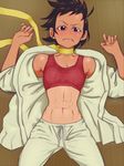  abs black_hair blush breasts brown_eyes choker commentary_request frown lying makoto_(street_fighter) muramura_hito on_back one-piece_tan open_clothes ribbon_choker short_hair small_breasts solo sports_bra street_fighter tan tanline toned 