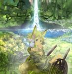  animal animal_ears blonde_hair bug butterfly cart clover collarbone insect okishiji_en sitting solo tail water waterfall 