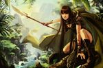  anna_lynn bangs black_footwear black_hair blunt_bangs boots breasts cape cleavage fingerless_gloves gloves green_eyes highres holding holding_weapon long_hair medium_breasts one_knee original outdoors outstretched_arm parted_lips polearm river solo spear very_long_hair water weapon 
