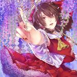  ascot bow brown_eyes brown_hair detached_sleeves flower gohei hair_bow hair_tubes hakurei_reimu long_sleeves looking_at_viewer oonusa parted_lips petals senshuu_kou shirt skirt skirt_set solo spell_card touhou wide_sleeves wisteria 