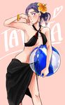  ball bare_legs beachball bikini_top blush commentary flower hair_flower hair_ornament hair_up hand_on_own_cheek highres holding holding_ball kani_aruki_(bucket_crawl) kantai_collection mole mole_under_eye one_eye_closed purple_eyes purple_hair sarong solo tatsuta_(kantai_collection) 