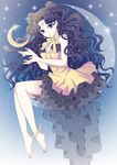  anklet bare_legs barefoot bead_necklace beads bishoujo_senshi_sailor_moon black_hair blue_eyes breasts choker cleavage crescent crescent_earrings die_ying double_bun dress earrings frilled_dress frills full_body highres jewelry long_hair luna_(sailor_moon) luna_(sailor_moon)_(human) medium_breasts neck_ribbon necklace personification ribbon smile solo wavy_hair yellow_choker yellow_dress 
