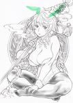  alternate_costume antlers asymmetrical_hair bare_shoulders braid breasts bunnysuit character_name hair_ornament hand_on_leg indian_style jitome kantai_collection koji_aotokage large_breasts long_hair looking_at_viewer monochrome off_shoulder pantyhose parted_lips remodel_(kantai_collection) single_braid sitting sketch solo staff unryuu_(kantai_collection) very_long_hair 