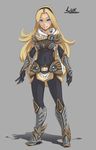  armor armored_boots blonde_hair blue_eyes bodysuit boots breastplate cape character_name commentary covered_navel full_body gauntlets hairband hushabye league_of_legends long_hair looking_at_viewer luxanna_crownguard miniskirt scarf skirt smile solo 