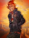  akai_suzaku bad_id bad_pixiv_id cat closed_eyes cloud fang fur_trim grin hands_in_pockets idolmaster idolmaster_side-m iwa_(iwa000ima) knit_hat male_focus multicolored_hair nyako_(idolmaster) red_hair sideburns smile solo spiked_hair sunset two-tone_hair 