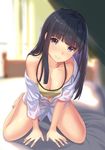  bangs bare_legs bare_shoulders barefoot bed bed_sheet between_legs black_hair blunt_bangs blurry blurry_background breasts buttons camisole cleavage closed_mouth collarbone collared_shirt downblouse eyebrows eyebrows_visible_through_hair hand_between_legs head_tilt highres indoors kagematsuri kneeling large_breasts leaning_forward long_hair long_sleeves looking_at_viewer md5_mismatch navel off_shoulder on_bed open_clothes open_shirt original purple_eyes shiny shiny_skin shirt solo unbuttoned white_shirt 