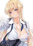  :d blonde_hair blue_eyes blue_neckwear blush bra breasts buttons cleavage eyebrows eyebrows_visible_through_hair head_tilt high-waist_skirt lace lace-trimmed_bra large_breasts lingerie long_hair looking_at_viewer matsuryuu mayuri_mariani necktie open_clothes open_mouth open_shirt original reaching_out self_shot shirt shirt_tug simple_background skirt smile solo striped striped_neckwear suspender_skirt suspenders teasing teeth unbuttoned underbust underwear upper_body vertical-striped_skirt vertical_stripes very_long_hair white_background white_bra white_shirt wing_collar 