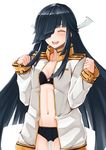  :d ^_^ absurdres ass ass_visible_through_thighs black_bra black_hair black_panties blazer blush bra breasts buttons closed_eyes esg_(essagna) hair_over_one_eye hair_ribbon hayashimo_(kantai_collection) highres jacket kantai_collection long_hair long_sleeves medium_breasts navel open_mouth panties ribbon simple_background smile solo stomach teeth thigh_gap thighs underwear white_background 