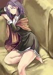  bangs bare_legs barefoot blanket couch dress elbow_rest kani_aruki_(bucket_crawl) kantai_collection legs_up parted_bangs purple_eyes purple_hair sketch solo tatsuta_(kantai_collection) 