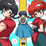  2girls animal ass black_hair blue_eyes blue_hair braid chinese_clothes dual_persona genderswap multiple_girls p-chan pig ranma-chan ranma_1/2 red_hair saotome_ranma school_uniform single_braid tangzhuang tendou_akane wantan-orz 