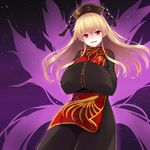  bad_id bad_pixiv_id blonde_hair chinese_clothes crescent energy hands_in_opposite_sleeves hat head_tilt junko_(touhou) long_hair long_sleeves looking_at_viewer open_mouth red_eyes ribbon solo tabard takehana_note touhou wide_sleeves 